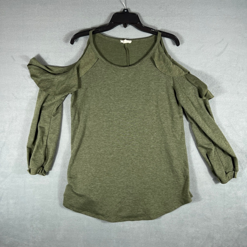 Sweet Pea Women Top Size L Olive Green Cold Shoulder Ruffle Long Sleeve USA
